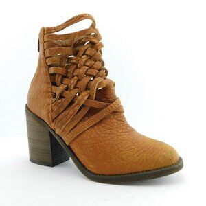 FREE PEOPLE Brown Leather Braided Detail Back Zip Block Heel Ankle Boots 36